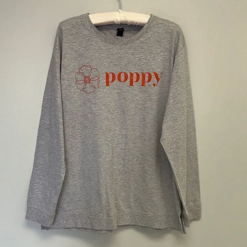 ANVIL L Gray Orange poppy Graphic Front Long Sleeve Crew Light Terry Top
